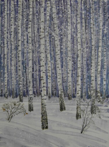 Peinture intitulée "Winter birches" par Valerii Oliinyk, Œuvre d'art originale, Monotype