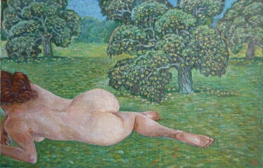 Картина под названием "In the garden" - Valerii Oliinyk, Подлинное произведение искусства, Масло
