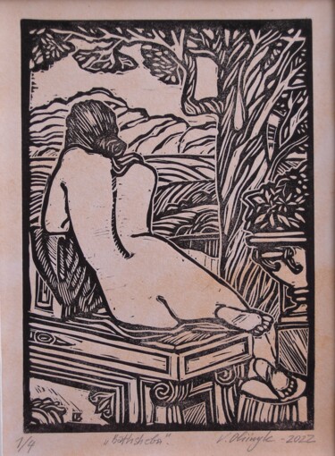 Druckgrafik mit dem Titel "Bathsheba" von Valerii Oliinyk, Original-Kunstwerk, Linoldrucke