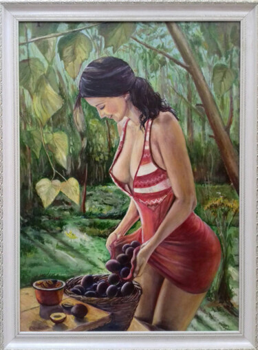 Pintura titulada "Girl and plums" por Valerii Radzikhovskyi, Obra de arte original, Oleo