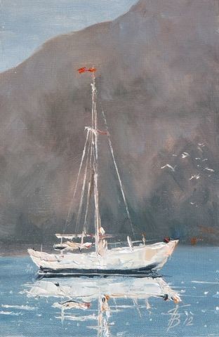 Картина под названием "Белая яхта" - Valerii, Подлинное произведение искусства, Масло