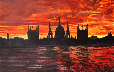 Painting titled "The city at sunset" by Valeriia Prasol, Original Artwork, Watercolor
