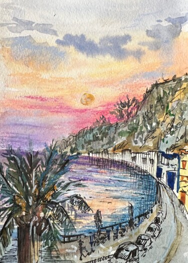 Ζωγραφική με τίτλο "Sunset in Greece" από Valeriia Prasol, Αυθεντικά έργα τέχνης, Ακουαρέλα
