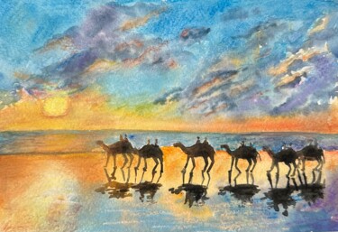 Картина под названием "Camels in the deser…" - Valeriia Prasol, Подлинное произведение искусства, Акварель