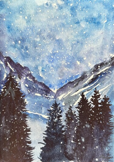 Painting titled "Winter spruce fores…" by Valeriia Prasol, Original Artwork, Watercolor