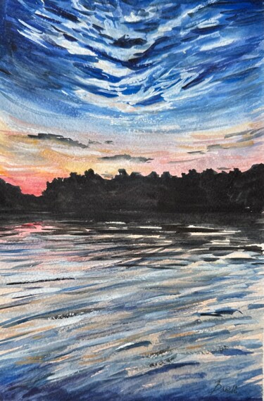Картина под названием "Sunset on the river" - Valeriia Prasol, Подлинное произведение искусства, Акварель
