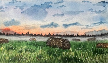 Malerei mit dem Titel "Morning field in th…" von Valeriia Prasol, Original-Kunstwerk, Aquarell