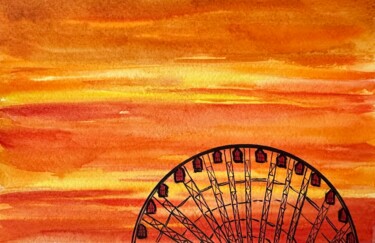 Ζωγραφική με τίτλο "Fiery sunset" από Valeriia Prasol, Αυθεντικά έργα τέχνης, Ακουαρέλα