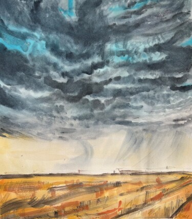 Pintura intitulada "Clouds over the fie…" por Valeriia Prasol, Obras de arte originais, Aquarela