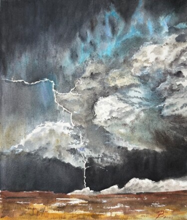 Schilderij getiteld "Lightning over gold…" door Valeriia Prasol, Origineel Kunstwerk, Aquarel