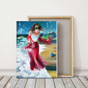 Картина под названием "Прогулка на пляже" - Bloom, Подлинное произведение искусства, Масло