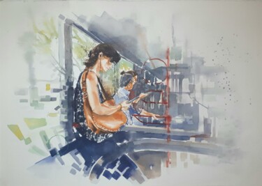 Painting titled ""Sul Bus"" by Valerio Scarapazzi, Original Artwork, Watercolor