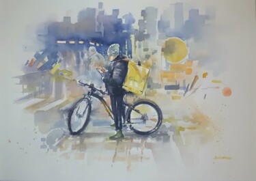 Peinture intitulée ""Biker II"" par Valerio Scarapazzi, Œuvre d'art originale, Aquarelle