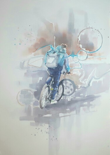 Painting titled ""Biker I"" by Valerio Scarapazzi, Original Artwork, Watercolor