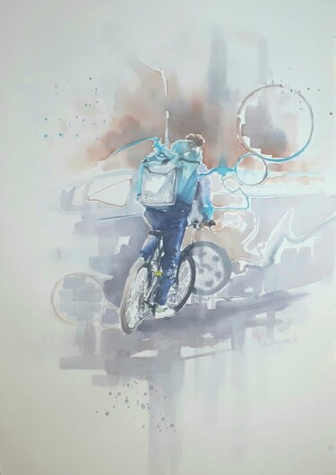 Malerei mit dem Titel ""Biker I"" von Valerio Scarapazzi, Original-Kunstwerk, Aquarell