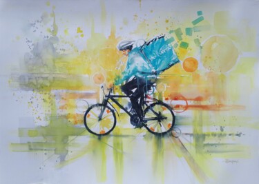 Painting titled ""Biker IV"" by Valerio Scarapazzi, Original Artwork, Watercolor