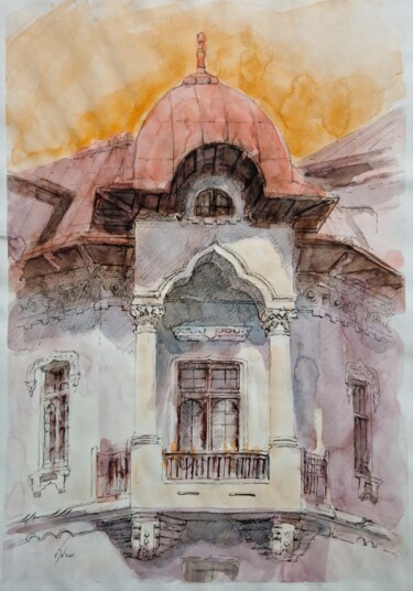 Drawing titled "Old house in Buchar…" by Valeriu-Daniel Nastase, Original Artwork, Watercolor