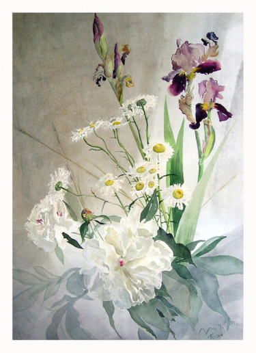 Peinture intitulée "Peonies and Irises" par Valeriy Grachov, Œuvre d'art originale, Aquarelle