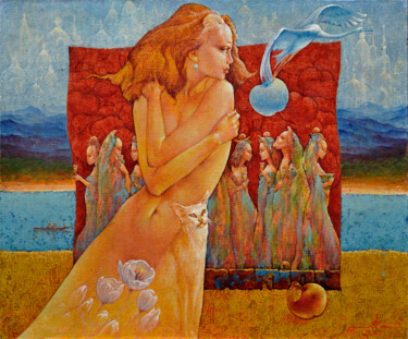 Painting titled "Ripe Apple of Desire" by Valeriy Kot, Original Artwork, Oil Mounted on Wood Stretcher frame