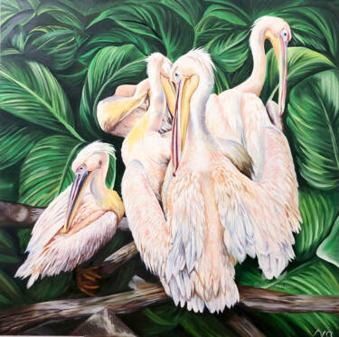 Schilderij getiteld "Pink Pelicans" door Valeriya Ishchenko, Origineel Kunstwerk, Olie