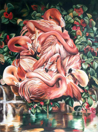 Schilderij getiteld "Flamingo" door Valeriya Ishchenko, Origineel Kunstwerk, Olie