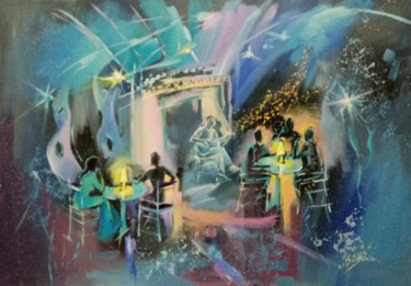 Картина под названием "Ночное кафе "Black…" - Valeria Levencova, Подлинное произведение искусства, Масло Установлен на Дерев…