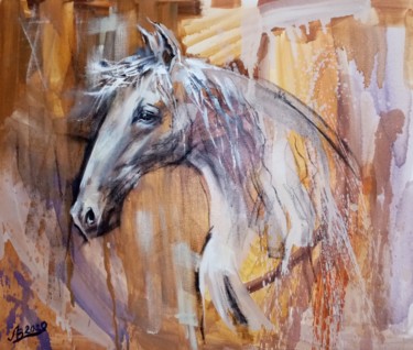 Картина под названием "Белый конь" - Valeria Levencova, Подлинное произведение искусства, Масло Установлен на Деревянная рам…