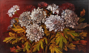 Painting titled "Chrysanthemums." by Sergey Azarnov, Original Artwork, Oil