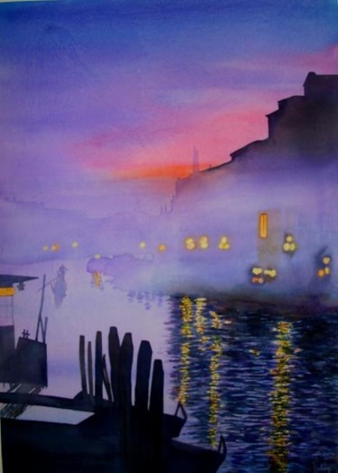 Painting titled "tramonto rialto" by Valéry Codogno, Original Artwork, Watercolor