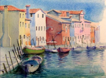 Painting titled "canale di Burano" by Valéry Codogno, Original Artwork, Watercolor