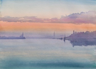 Painting titled "tramonto sul bacino…" by Valéry Codogno, Original Artwork, Watercolor