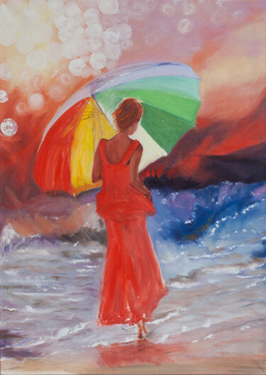 Painting titled "Woman with umbrella" by Valeryia Plociennik, Original Artwork, Oil