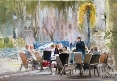 Painting titled "Cafe in Budapest" by Valerii Oktiabr, Original Artwork, Oil