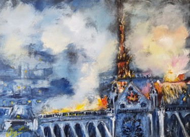 Painting titled ""Notre Dame en flam…" by Pascale Fleury-Vallée, Original Artwork, Acrylic Mounted on Wood Stretcher frame