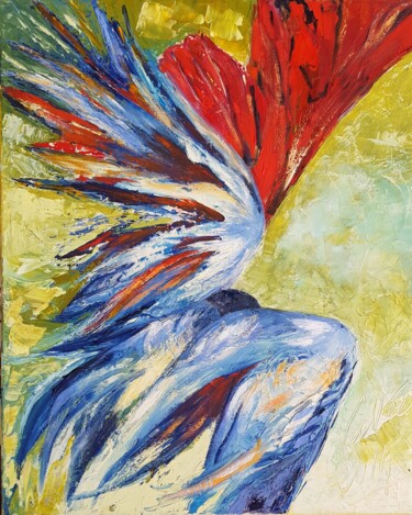 Painting titled ""L'oiseau de feu"" by Pascale Fleury-Vallée, Original Artwork, Oil Mounted on Wood Stretcher frame