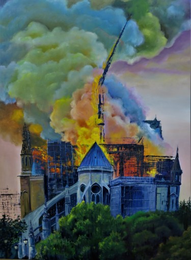 Painting titled "Notre Dame en llamas" by Fernando Valluerca, Original Artwork, Oil
