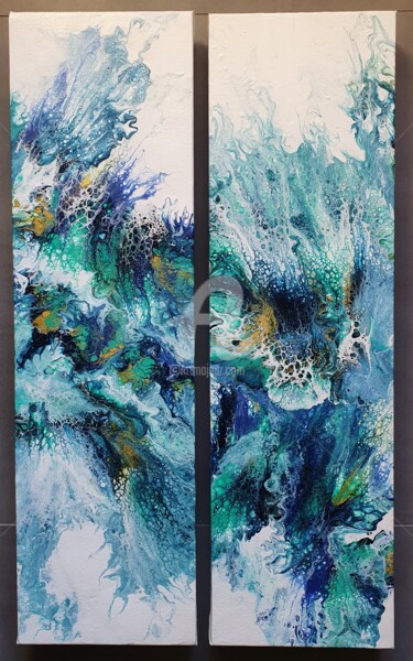 Painting titled "pouring (blanc,bleu…" by Valou., Original Artwork, Acrylic