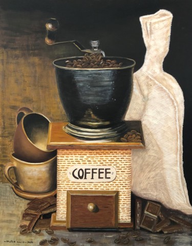 Malerei mit dem Titel "" Café com chocolat…" von Valter Cacio, Original-Kunstwerk, Öl Auf Holzplatte montiert