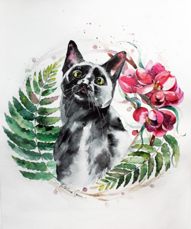 Painting titled "Cat" by Valentina Grace, Original Artwork, Watercolor
