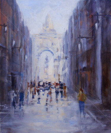 Pittura intitolato "Rua Augusta,Lisboa" da Valentin Gutu, Opera d'arte originale, Inchiostro