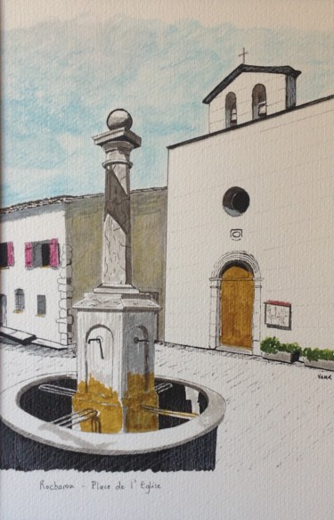 Drawing titled "Rocbaron - Place de…" by Vame, Original Artwork