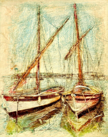 Tekening getiteld "boats 4" door Van Ko Tokusha, Origineel Kunstwerk, Was Gemonteerd op Houten paneel