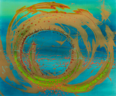Peinture intitulée "rond doré fond bleu" par Pascal Vandel, Œuvre d'art originale, Encre Monté sur Panneau de bois