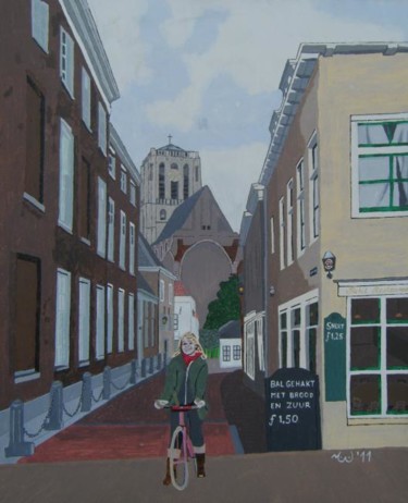 Painting titled "Girl On Bike in Bri…" by Jaap Van Der Wijk, Original Artwork, Oil