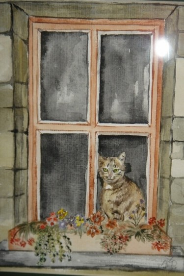 Peinture intitulée "2008-chat à la fenê…" par Vandorpe Amdv, Œuvre d'art originale, Huile