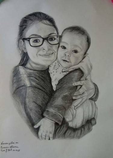 Drawing titled "Nerea et Noe" by Vanessa Garcia Artunedo, Original Artwork, Pencil