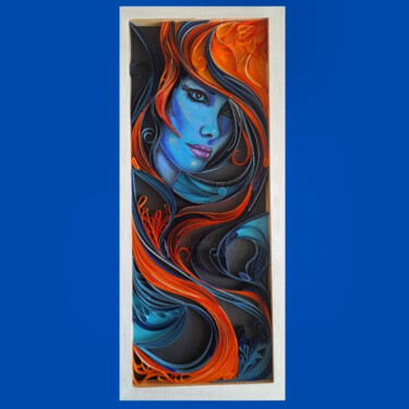 Collages titled "La dame bleu" by Vanessa Krawczyk, Original Artwork, Collages Mounted on Wood Stretcher frame