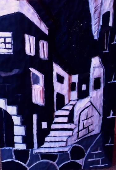 Painting titled "Village sur bois pe…" by Vanessa Oliva, Original Artwork