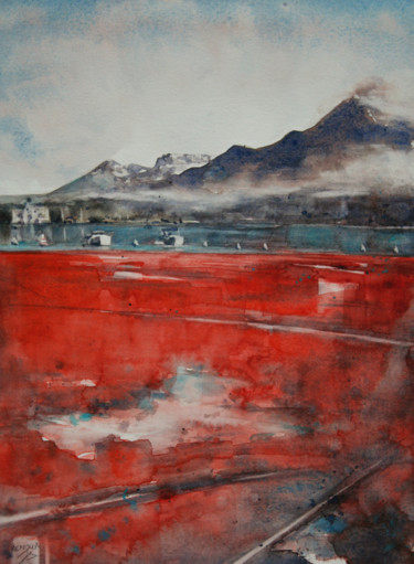 Painting titled "Lac d'Annecy en cru…" by Vanessa Renoux, Original Artwork, Watercolor