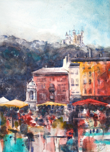Peinture intitulée "Place de marché, da…" par Vanessa Renoux, Œuvre d'art originale, Aquarelle